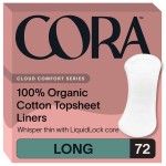 Cora Period Long Liners | 100% Organic Cotton Topsheet | Ultra Thin, Quick Absorbency | Hypoallergenic | Dermatologically Tested | Unscented, No Wings (72 Long Liners)