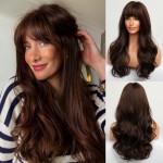 HAIRCUBE Long Brown Wig with Bangs Wave Curly Wigs for Women 26 inch Heat Resistant Natural Synthetic Wig for Daily Use