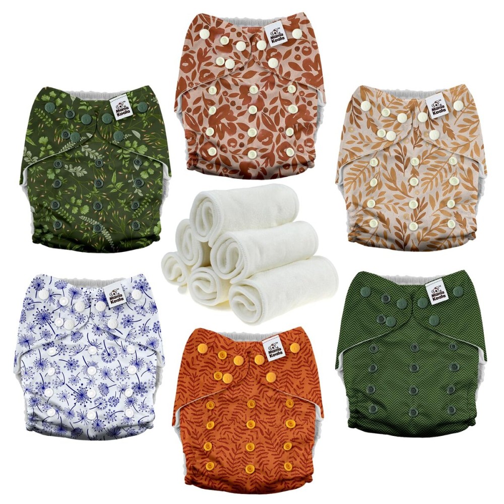 Mama Koala 3.0 Pocket Cloth Diapers for Babies with AWJ Lining, 6 Pack with 6 4-Layer Natural Cloth Diaper Inserts - Reusable and Washable Pocket Diapers(Neutral Leave)