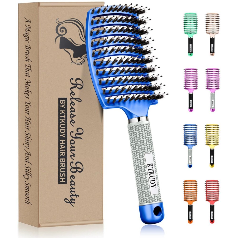 KTKUDY Detangling Brush Boar Bristles Hairbrush Make Hair Shiny & Healthier Curved and Vented Detangler Brush for Women Men Kids Wet and Dry Hair (Blue)