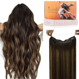 DOORES Wire Hair Extensions 12 Inch 70g Remy Human Wire Hair Extensions Invisible Transparent Line Adjustable Hairpieces Secret Extensions Straight Hair Balayage Dark Brown to Chestnut Brown