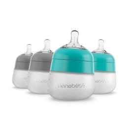 Nanobebe Flexy Silicone Baby Bottle, Anti-Colic, Natural Feel, Non-Collapsing Nipple, Non-Tip Stable Base, Easy to Clean 4-Pack, Grey/Teal, 5 oz
