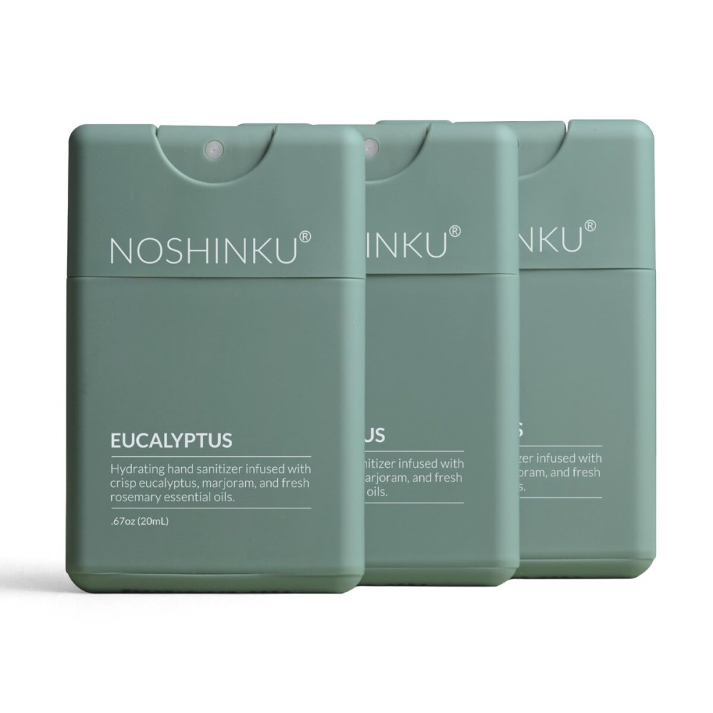 Noshinku - Refillable Hand Sanitizer Eucalyptus 3-Pack, Travel Size Spray with Hydrating Botanical Oils, Natural Ingredients, All Natural Fragrances, Sugarcane Derived Alcohol, No Parabens, No Dyes