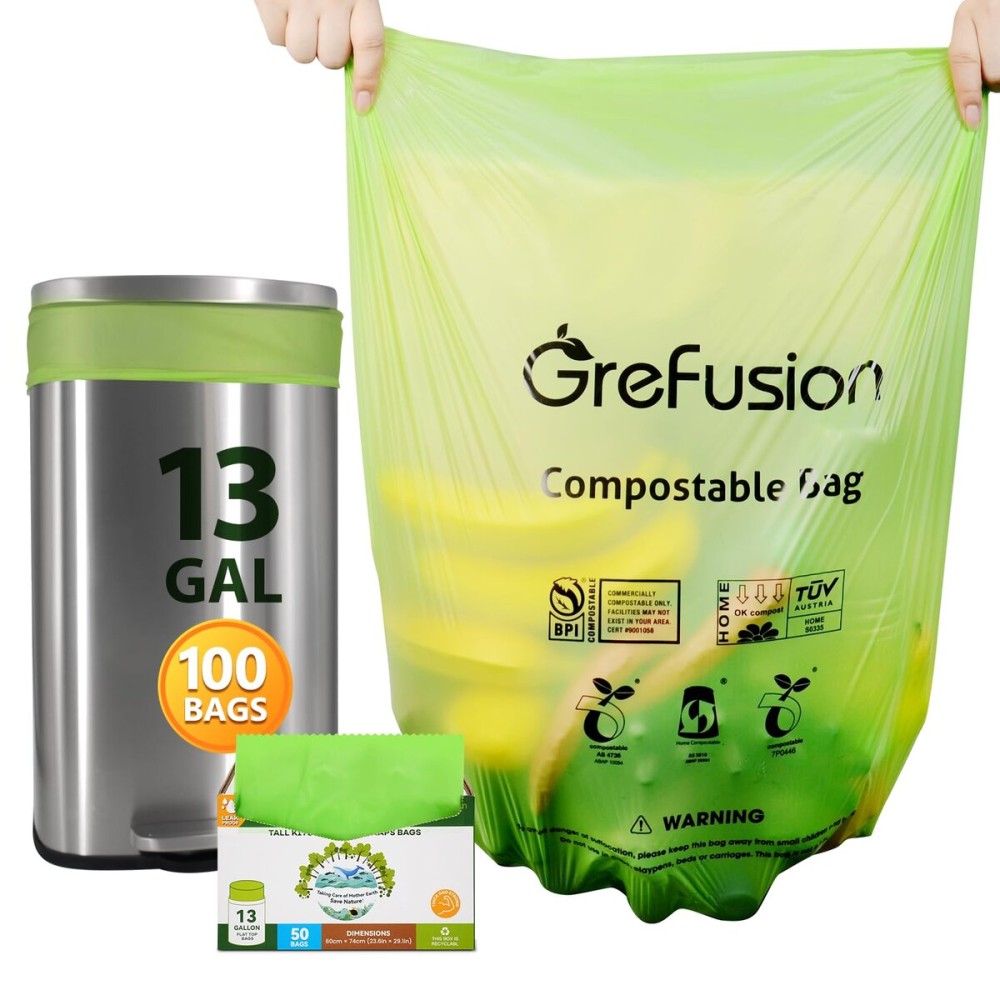 Compostable Bags,Trash bags 13+ gallon tall kitchen, Compostable Trash Lawn & Leaf Yard Waste Bags,Kitchen Compost Trash Bin Compatible,Extra Thick1.01 Mills,Certified by BPI and OK Compost