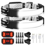 Adelante LED Headlamp Flashlight, 1000LM 230Wide-Beam USB Rechargeable Head Light with Taillight(Individual Control) & 8 Clips Waterproof Headlight Headlamps for Running and Camping (2 Pack, Black)