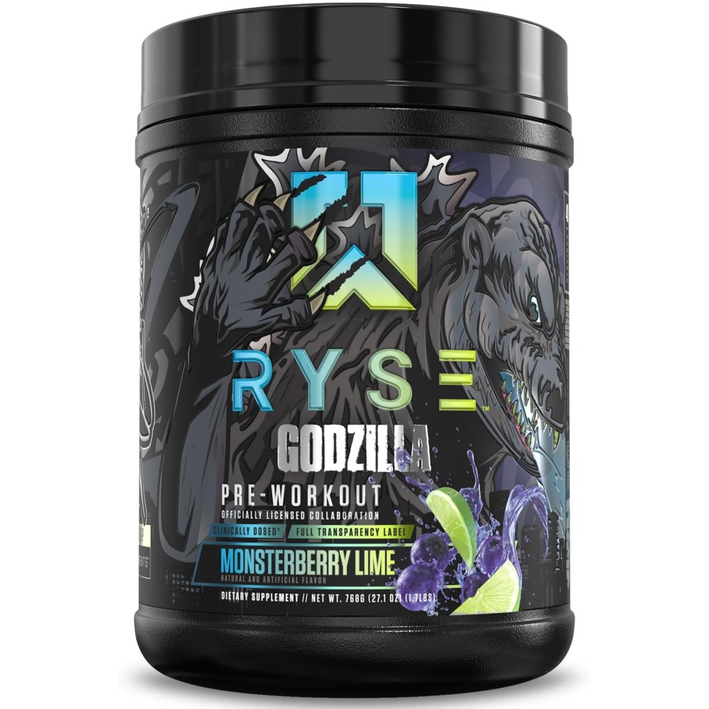 RYSE Godzilla X Noel Deyzel Pre Workout Powder - Monsterberry Lime - 400mg Caffeine, High Stim Pre-Workout for Men & Women with Citrulline & Beta Alanine - Energy, Pump & Focus - 20/40 Servings
