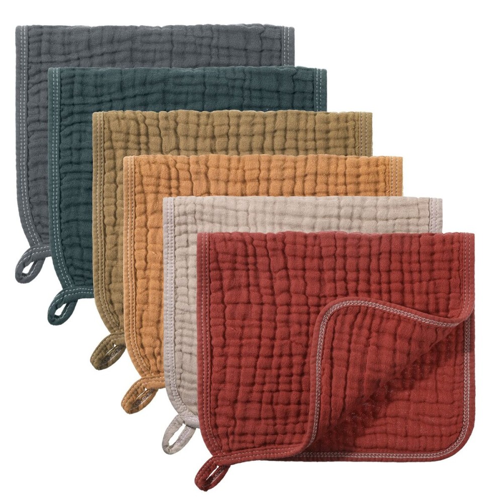 Hicarer 6 Count Muslin Burp Cloths Cotton Baby Burping Rags Large 20 x 10 Inch 6 Layers Spit up Rags Soft Absorbent Multicolor Wash Cloths Diapers for Newborn Baby Girl Boy(Dark Color Series)