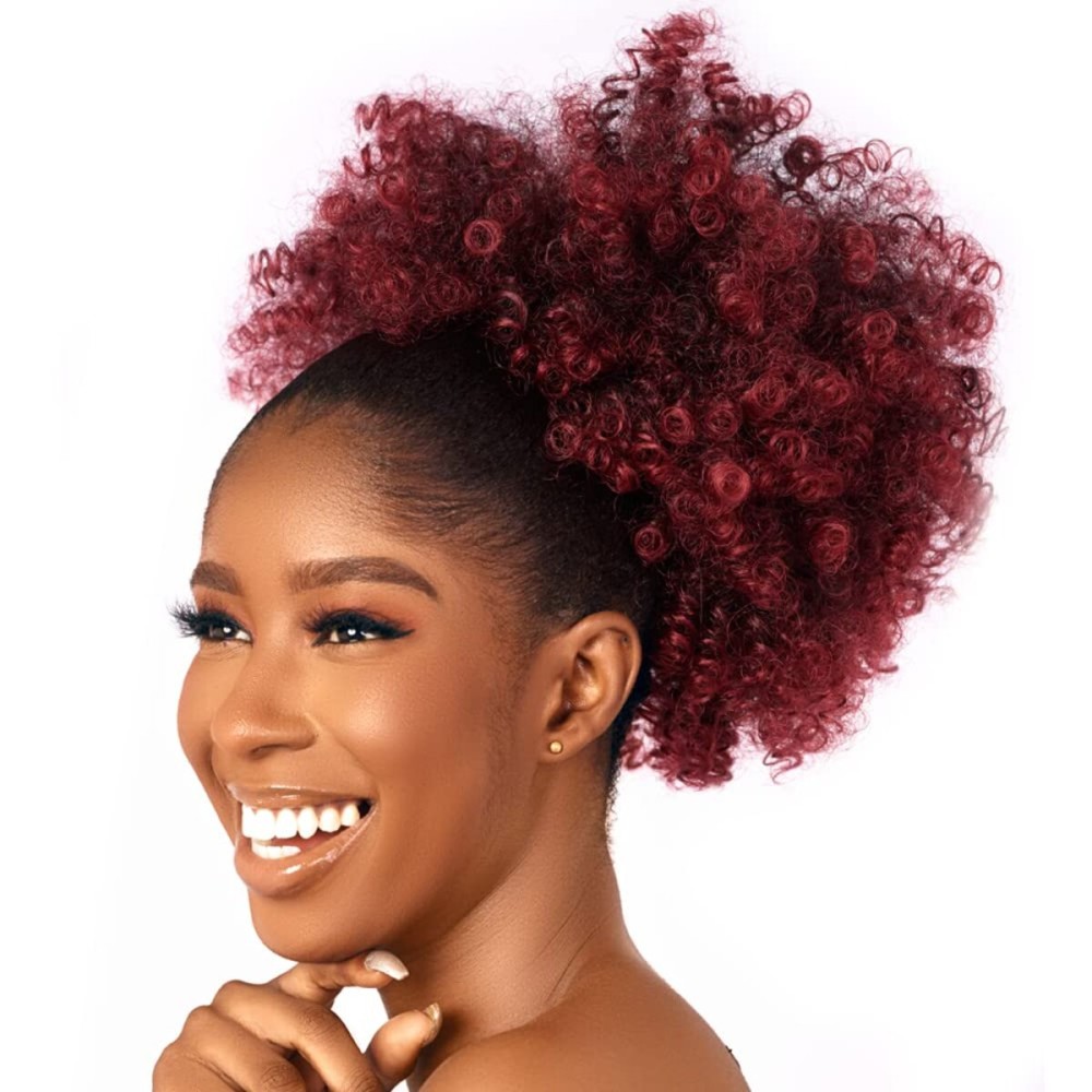 CECINILL Afro Puff kinky curly Drawstring Ponytail Extension for Black Women Synthetic Short Afro Kinkys Curly Afro Bun Extension Hairpieces Updo Hair Extensions with Two Clips(TBUG)