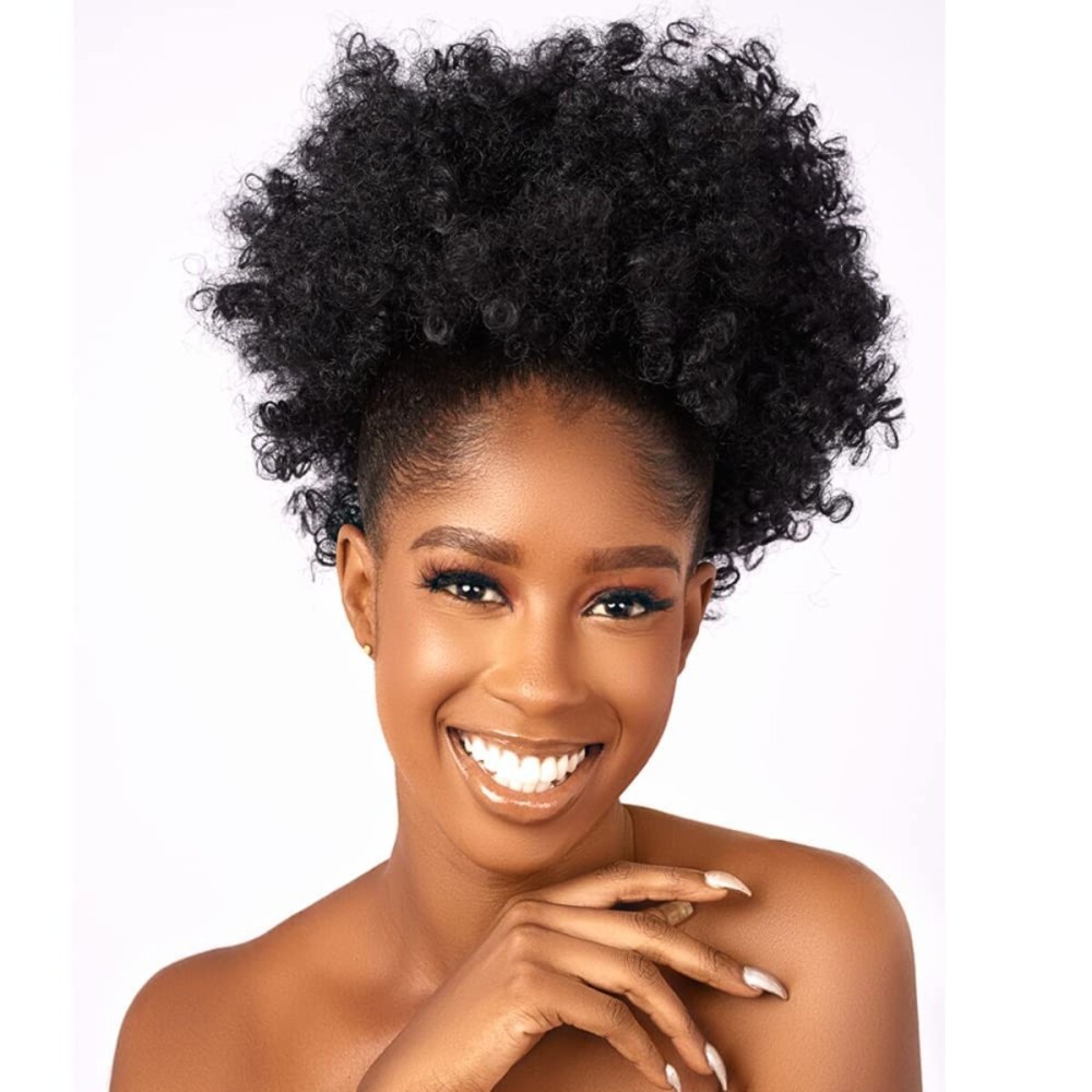 Afro Puff kinky curly Drawstring Ponytail Extension for Black Women Synthetic Short Afro Kinkys Curly Afro Bun Extension Hairpieces Updo Hair Extensions with Two Clips(2)