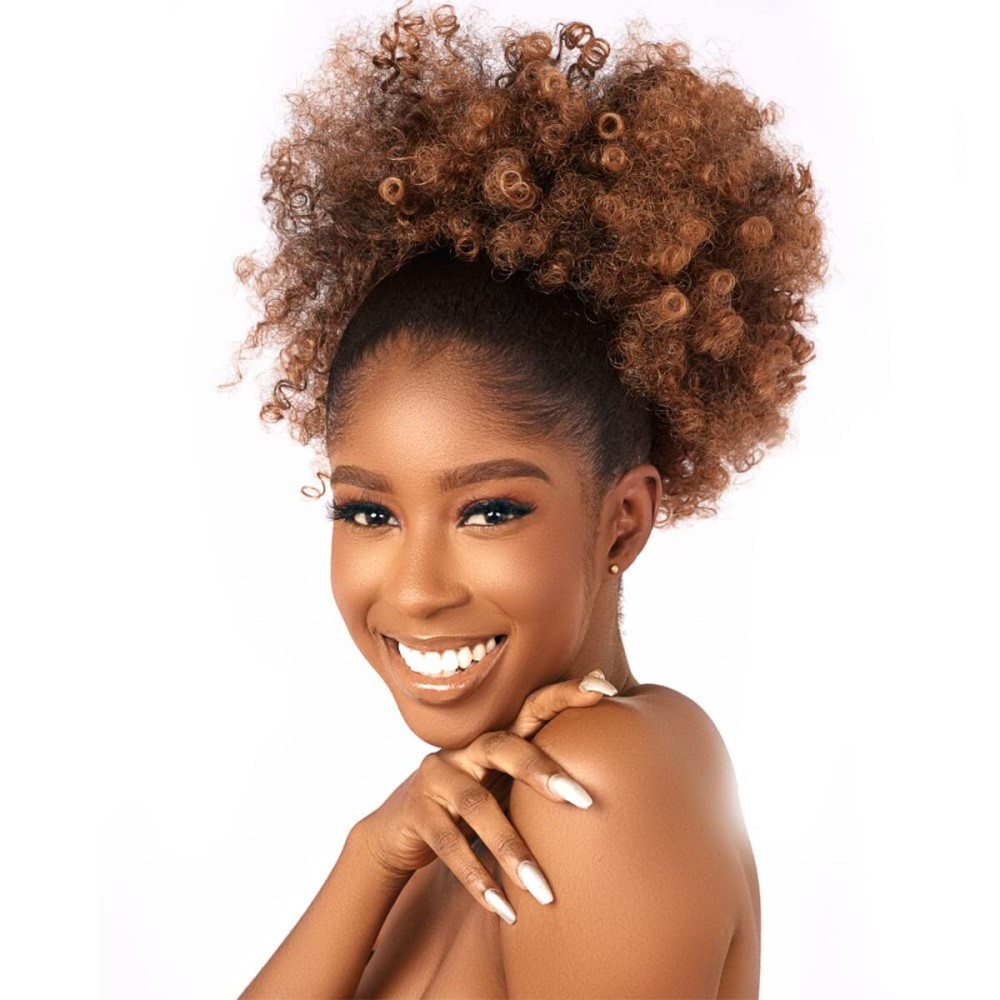 CECINILL Afro Puff kinky curly Drawstring Ponytail Extension for Black Women Synthetic Short Afro Kinkys Curly Afro Bun Extension Hairpieces Updo Hair Extensions with Two Clips(T30)