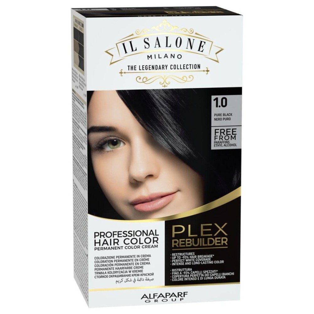 Il Salone Milano Plex Rebuilder Permanent Hair Color Cream - 1.0 Pure Black Hair Dye Kit - Professional Salon - Premium Quality - Protects and Restructures - Paraffin, Paraben, Ethyl Alcohol Free