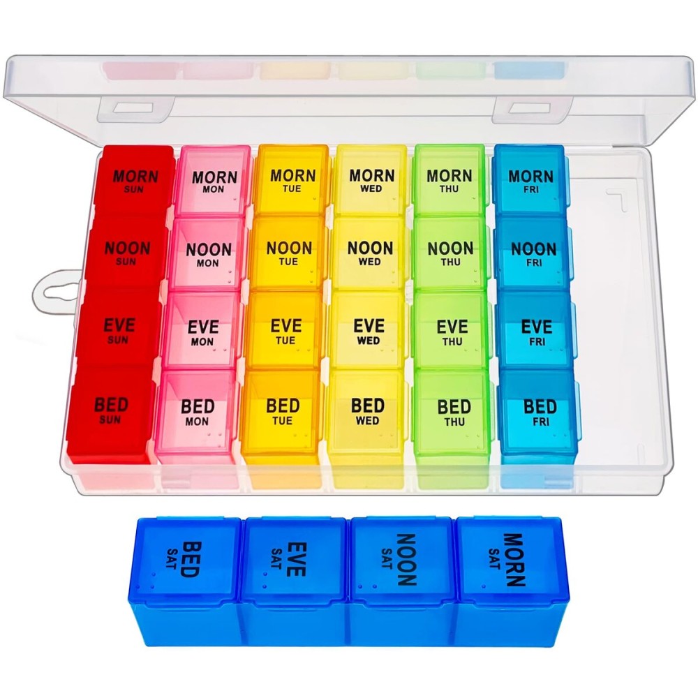 ZVZM Weekly Pill Organizer 4 Times a Day, Medicine Organizer Box, Travel Daily Pill Box Organizer 7 Day, Pill Case, Pill Container Holder for Hold Vitamins/Fish Oils.