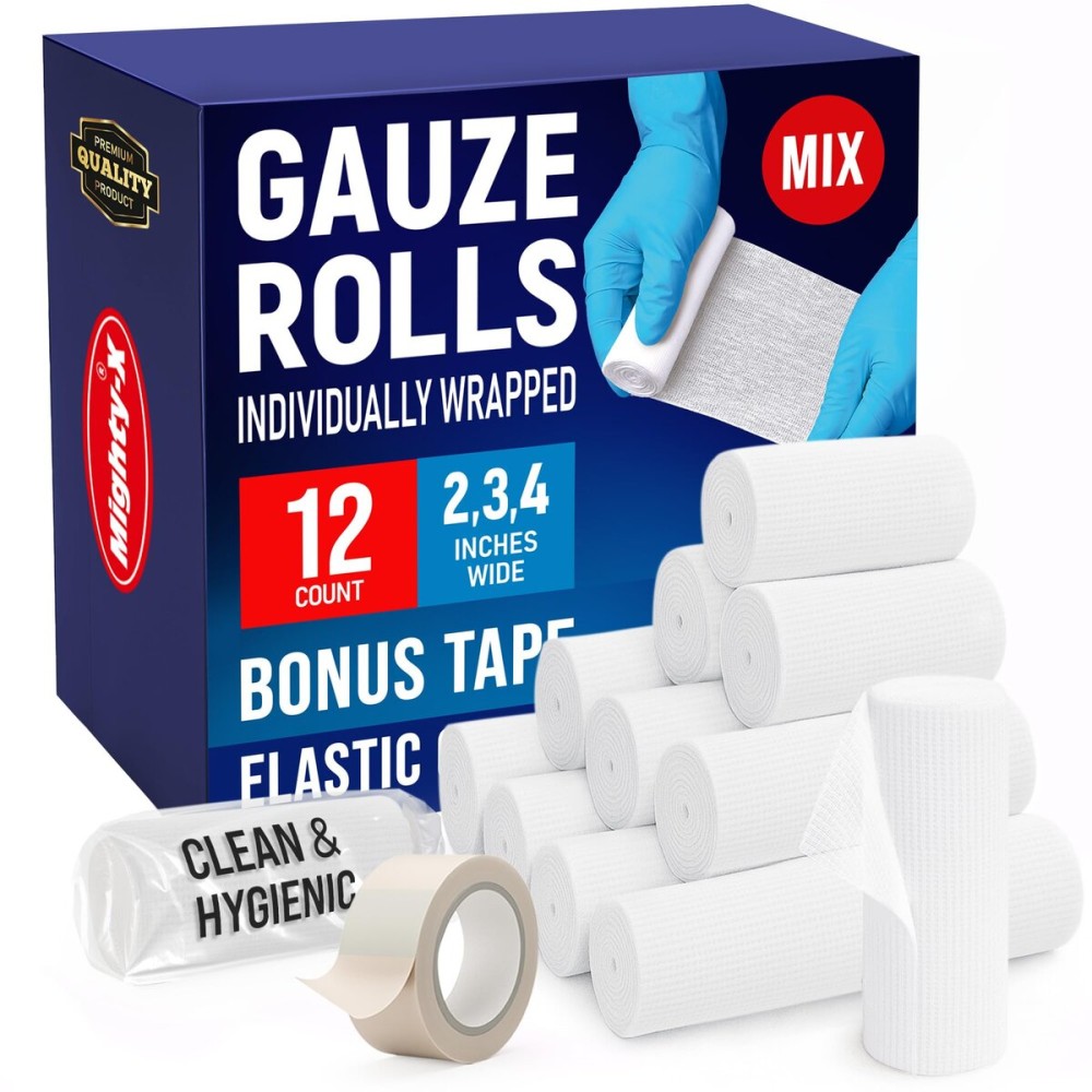 12 Gauze Rolls - [4x2, 4x3, 4x4] - 4.1yd - Soft and Breathable Rolled Gauze - Latex-Free Premium Individually Wrapped Bandages with Bonus Tape - First Aid Conforming Stretch Wrap for Wound Care