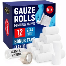 12 Gauze Rolls - [4x2, 4x3, 4x4] - 4.1yd - Soft and Breathable Rolled Gauze - Latex-Free Premium Individually Wrapped Bandages with Bonus Tape - First Aid Conforming Stretch Wrap for Wound Care