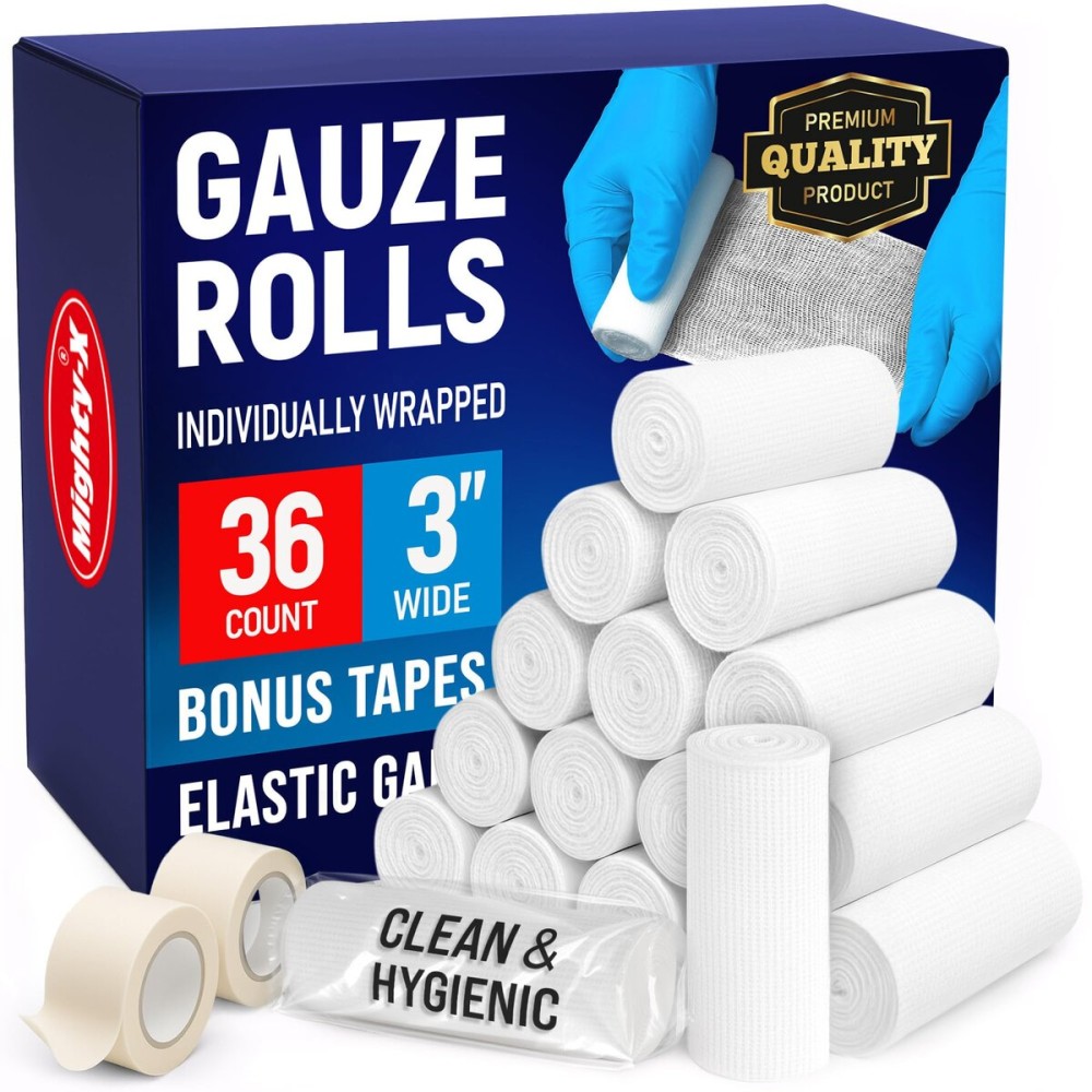 36 Gauze Rolls - 3 x 4.1yd - Soft and Breathable Rolled Gauze - Latex-Free Premium Individually Wrapped Bandages with Bonus Tape - First Aid Conforming Stretch Wrap for Wound Care - Vet Wrap