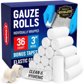 36 Gauze Rolls - 3 x 4.1yd - Soft and Breathable Rolled Gauze - Latex-Free Premium Individually Wrapped Bandages with Bonus Tape - First Aid Conforming Stretch Wrap for Wound Care - Vet Wrap