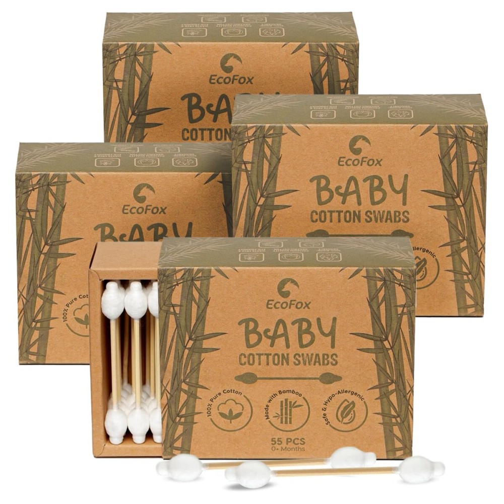 Baby Cotton Swabs 220 Count | Compostable & Pure Cotton Wooden Cotton Buds | Double-Tipped Safety Sticks | Plant-Sourced Materials