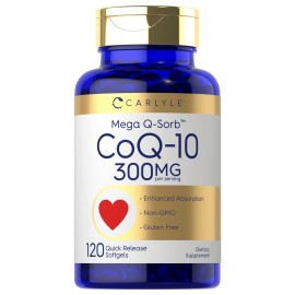 Carlyle CoQ10 300mg | 120 Softgels | Mega Q-Sorb Coenzyme Q-10 | with Black Pepper Extract | Non-GMO, Gluten Free Supplement