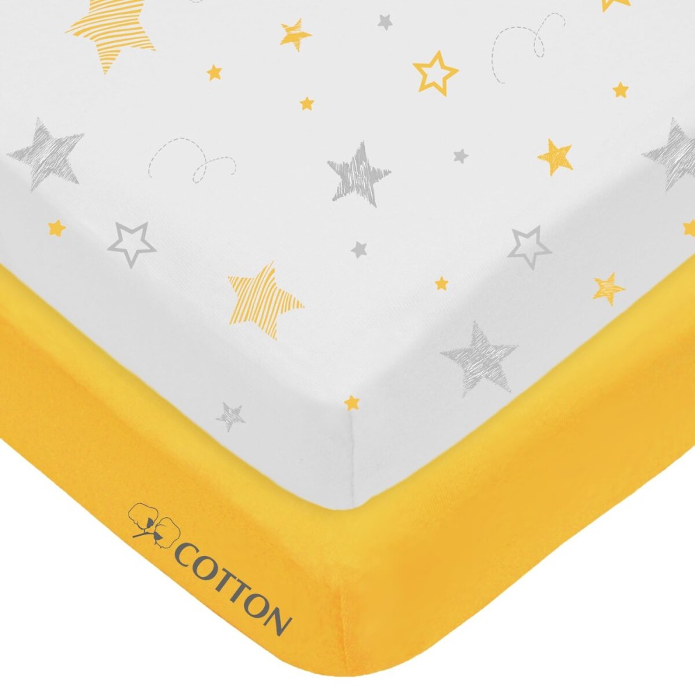 American Baby Company 2 Pack 100% Natural Cotton Fitted Pack and Play Sheets 39 x 27 - Soft & Breathable Pack N Play Sheets for Playard & Mini Crib Mattress, Yellow Star/Yellow, for Boys & Girls