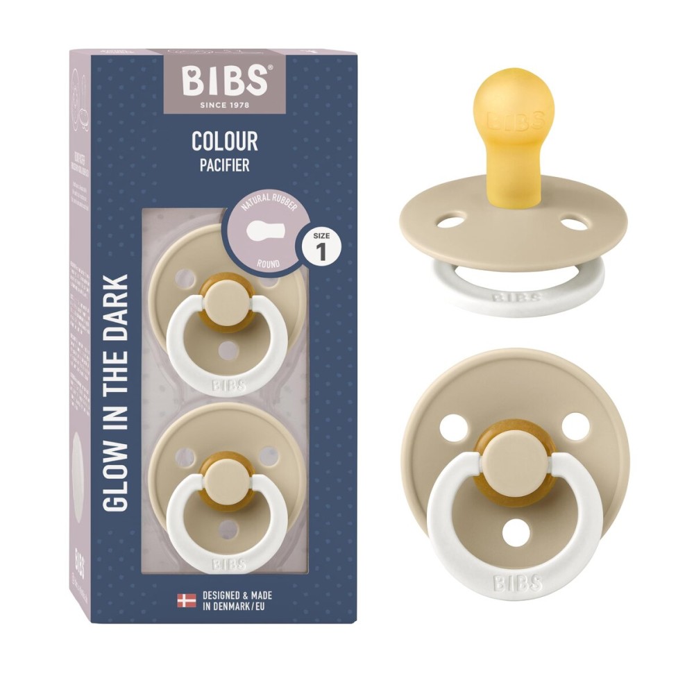 BIBS Pacifiers Colour Collection | Natural Rubber Baby Pacifier | Round Nipple | Set of 2 BPA-Free Soothers | Made in Denmark | 18+ Months (Pack of 2) | Vanilla Night