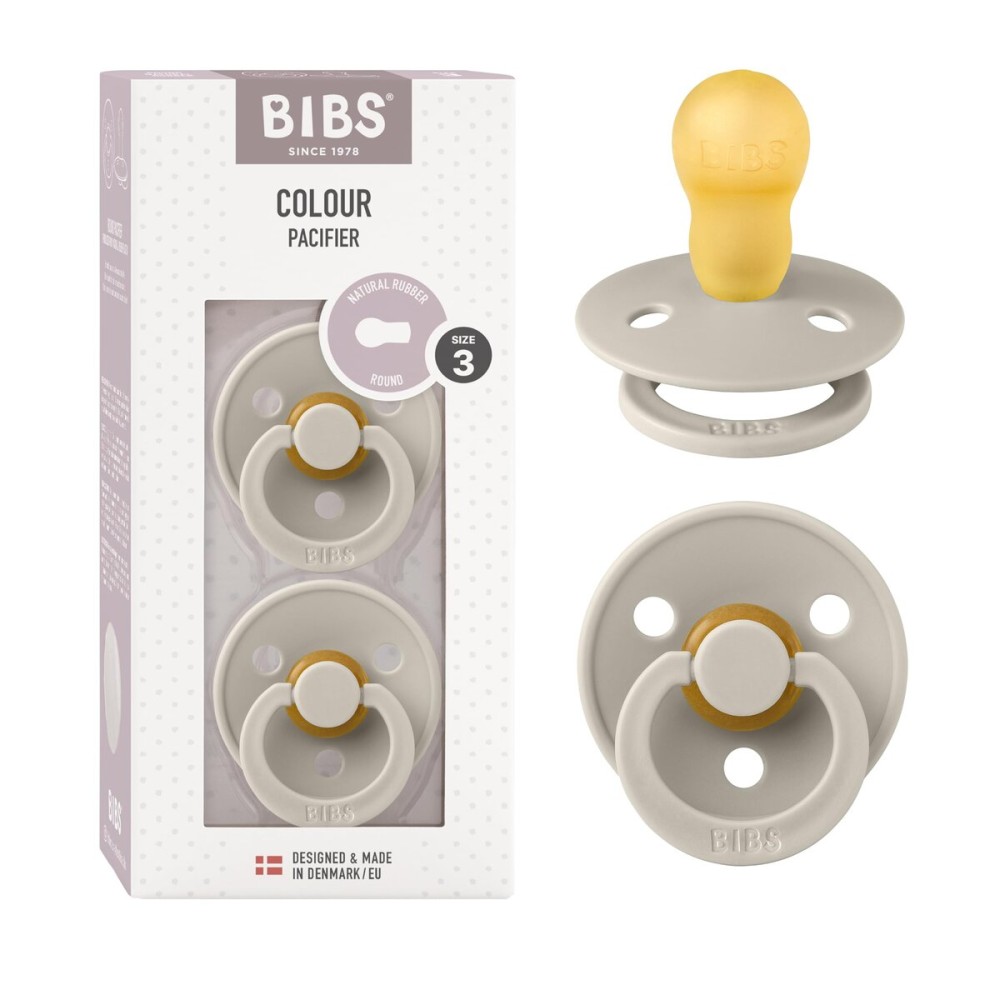 BIBS Pacifiers Colour Collection | Natural Rubber Baby Pacifier | Round Nipple | Set of 2 BPA-Free Soothers | Made in Denmark | 6+ Months (Pack of 2) | Sand