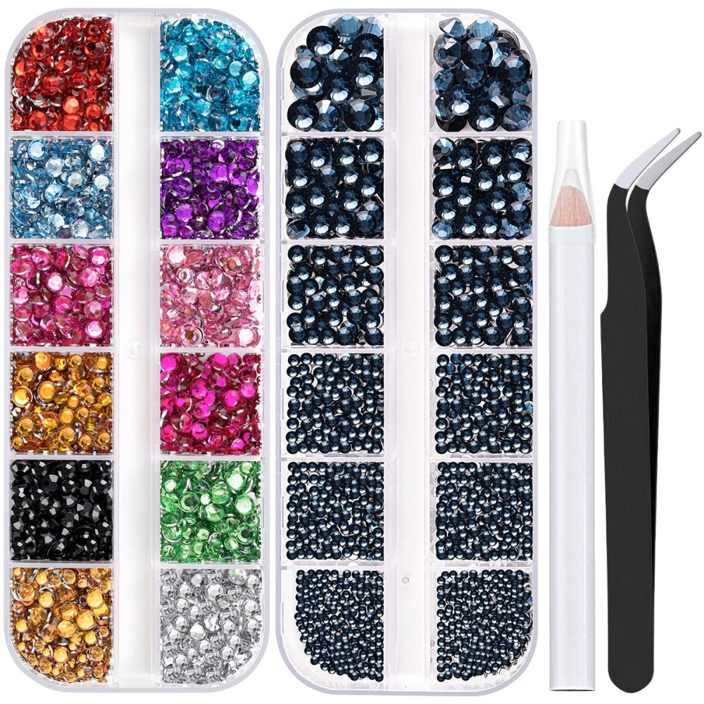 Two Packs of Flatback Rhinestones 4520 Pcs Colorful Nail Art Rhinestones Flatback Crystal Colorful+Navy Blue Rhinestone with Picker Pencil and Tweezer for Nail Art and Decoration