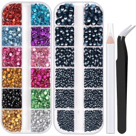 Two Packs of Flatback Rhinestones 4520 Pcs Colorful Nail Art Rhinestones Flatback Crystal Colorful+Navy Blue Rhinestone with Picker Pencil and Tweezer for Nail Art and Decoration