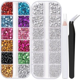 Two Packs of Flatback Rhinestones 4520 Pcs Colorful Nail Art Rhinestones Flatback Crystal Colorful+Transparent White Rhinestone with Picker Pencil and Tweezer for Nail Art and Decoration