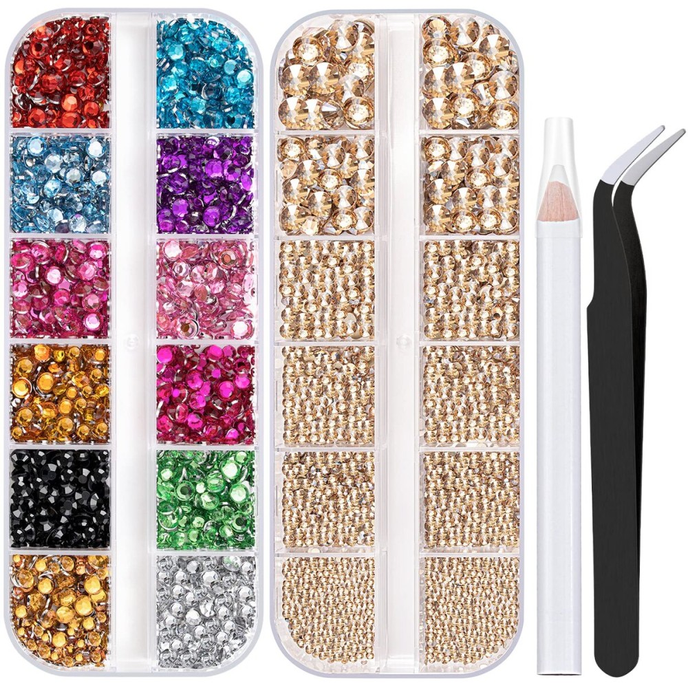 Two Packs of Flatback Rhinestones 4520 Pcs Colorful Nail Art Rhinestones Flatback Crystal Colorful+Champagne Rhinestone with Picker Pencil and Tweezer for Nail Art and Decoration
