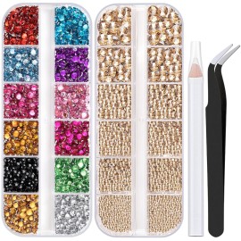 Two Packs of Flatback Rhinestones 4520 Pcs Colorful Nail Art Rhinestones Flatback Crystal Colorful+Champagne Rhinestone with Picker Pencil and Tweezer for Nail Art and Decoration