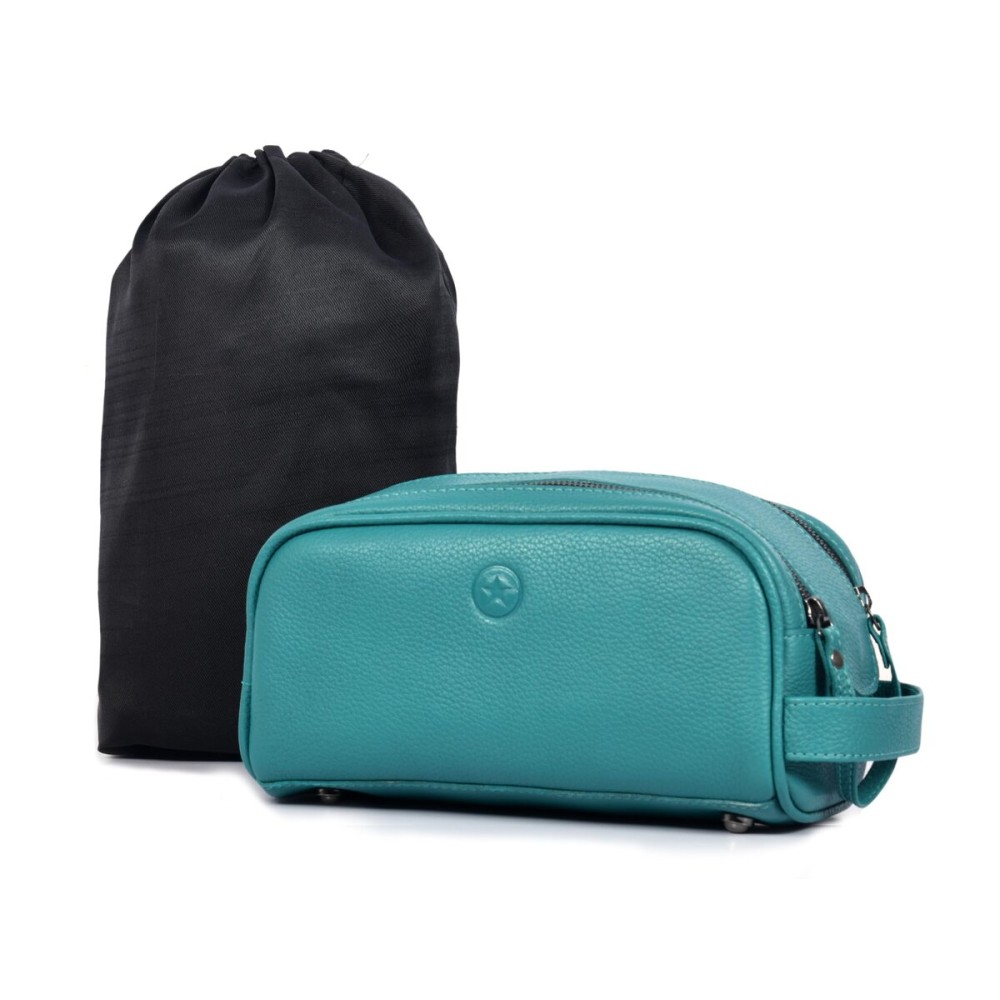 10 Premium Leather Toiletry Travel Pouch With Waterproof Lining | King-Size Handcrafted Vintage Dopp kit By Aaron Leather Goods (Steel Blue)