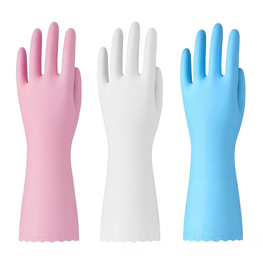 Bamllum Rubber Cleaning Gloves - 3 Pairs Latex Free Kitchen Cleaning Gloves with Cotton Liner- Household Dishwashing Gloves, Non- Slip Waterproof (Small, Blue+Pink+White)