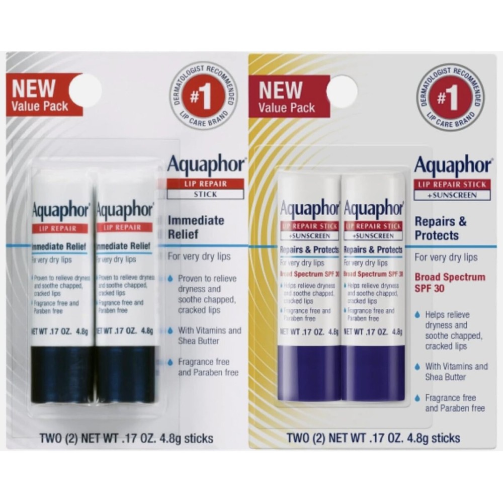 Aquaphor Lip Repair Lip Balm Set, Lip Repair Stick, 0.17 Oz (Pack of 2) + Lip Repair and Protect Stick, Lip Balm with Sunscreen SPF 30, 0.17 Oz (Pack of 2), Holiday Gifts for Self Care