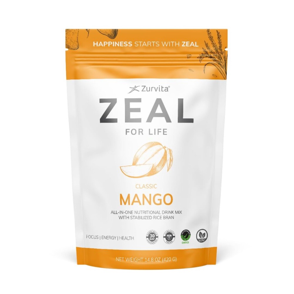 Zurvita Zeal for Life Wellness Drink Mix - Mango Flavor - Gluten-Free, Vegan, with Biotin, Vitamins B12, C, D, E, Iron, Magnesium - 30 Servings (420g)