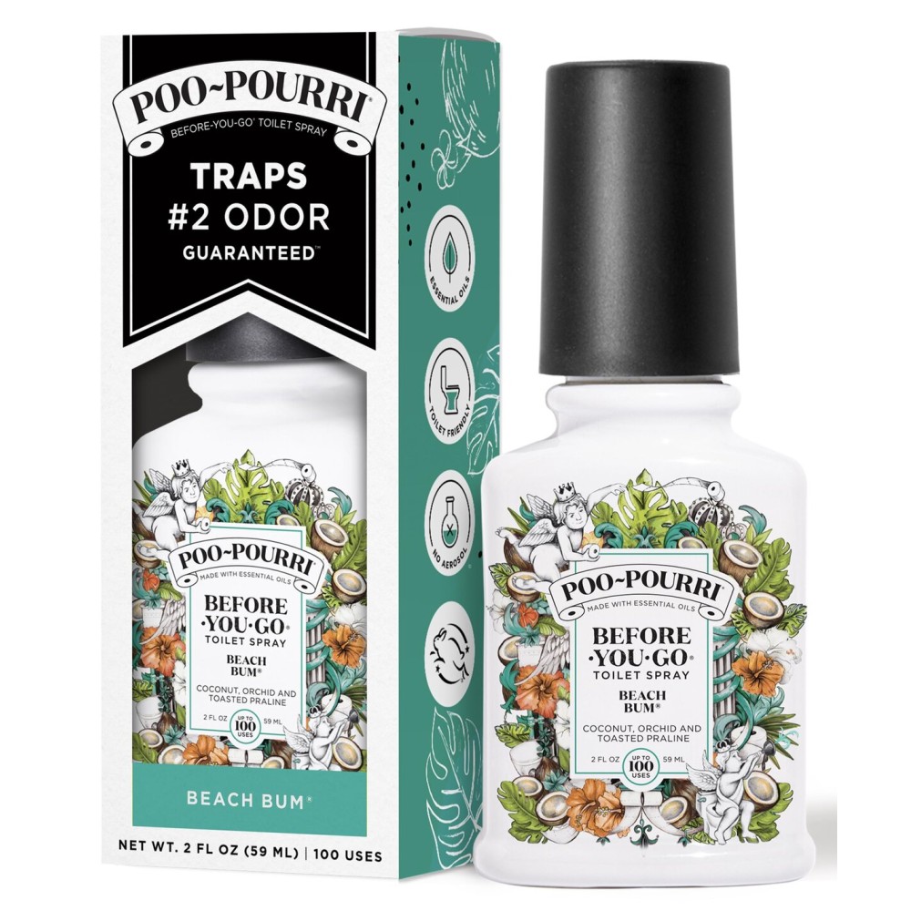 Poo-Pourri Before-You-Go Toilet Spray, Beach Bum, 2 Fl Oz, Up to 100 Uses, Bathroom Odor Deodorizer with Essential Oils for Home or Work, Travel Essentials, TSA Approved Size, Coconut, Orchid Scent