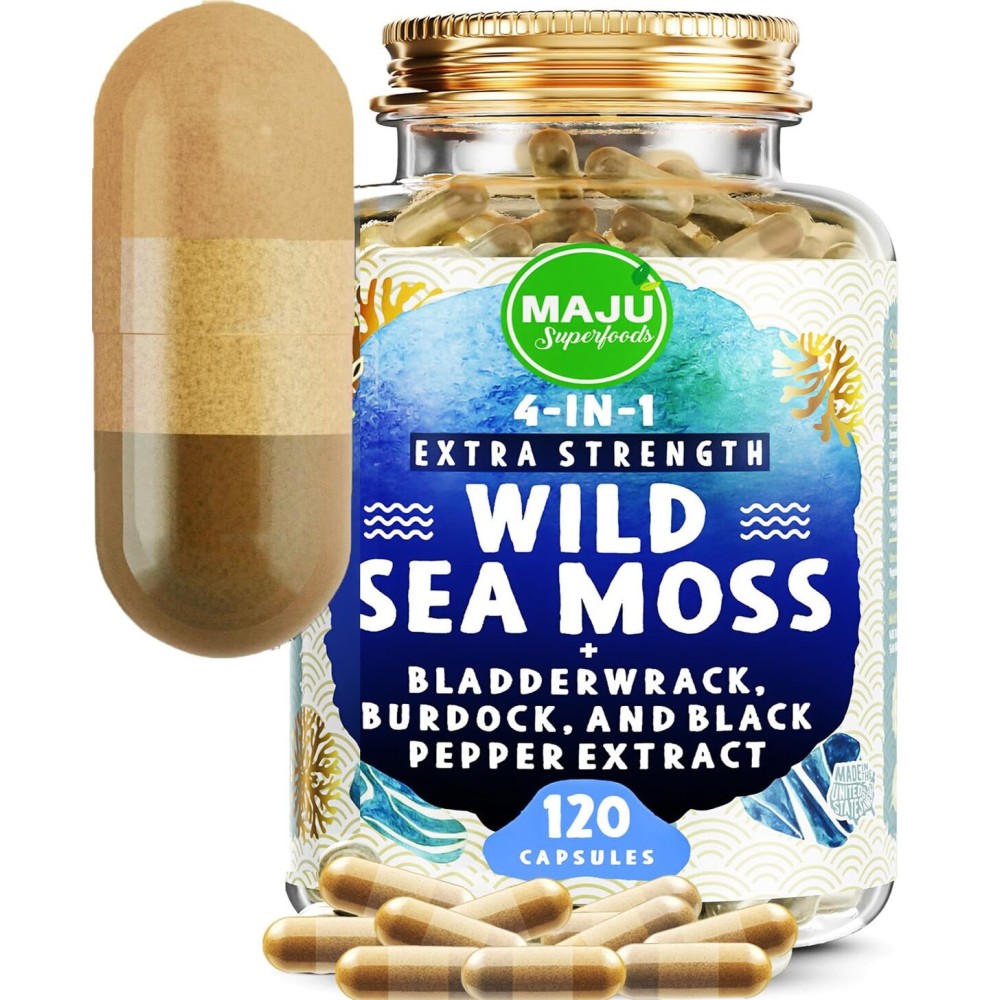 MAJU Wild Irish Sea Moss Capsules (120ct), Stronger Than Gel, 4-in-1 w/Bladderwrack + Burdock Root, Organic, Sebi Inspired, Raw, Seamoss Pills Powder, Wild, 1 Bottle