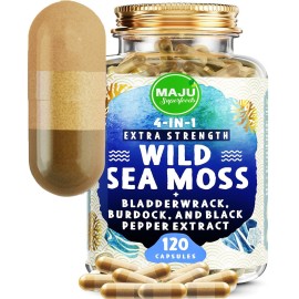 MAJU Wild Irish Sea Moss Capsules (120ct), Stronger Than Gel, 4-in-1 w/Bladderwrack + Burdock Root, Organic, Sebi Inspired, Raw, Seamoss Pills Powder, Wild, 1 Bottle