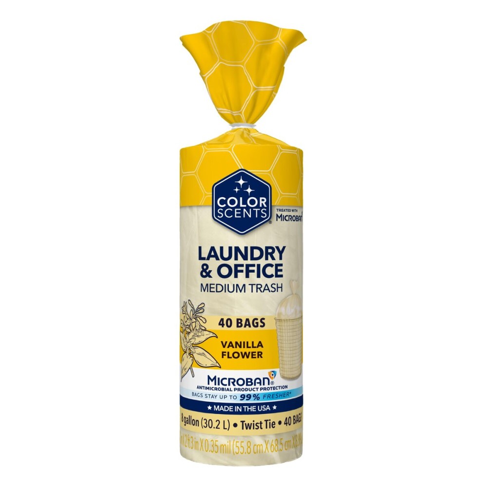Color Scents Medium Trash Bags - 8 Gallon, 40 Bags (1 Pack of 40 Bags) Twist Tie - Cream Color Bag in Vanilla Flower Scent with Microban