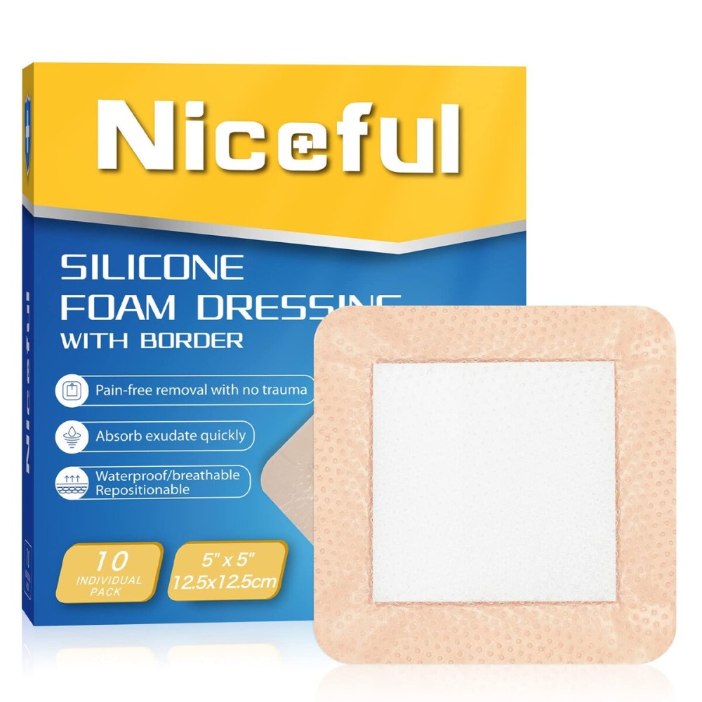 Niceful 10 Count 5 x 5 Silicone Foam Dressing with Gentle Border (3 x 3 Pad) - Bandages for Wounds, Pressure Sores Post-Surgery Incisions Abrasions & Blisters, High Absorbency Wound Care