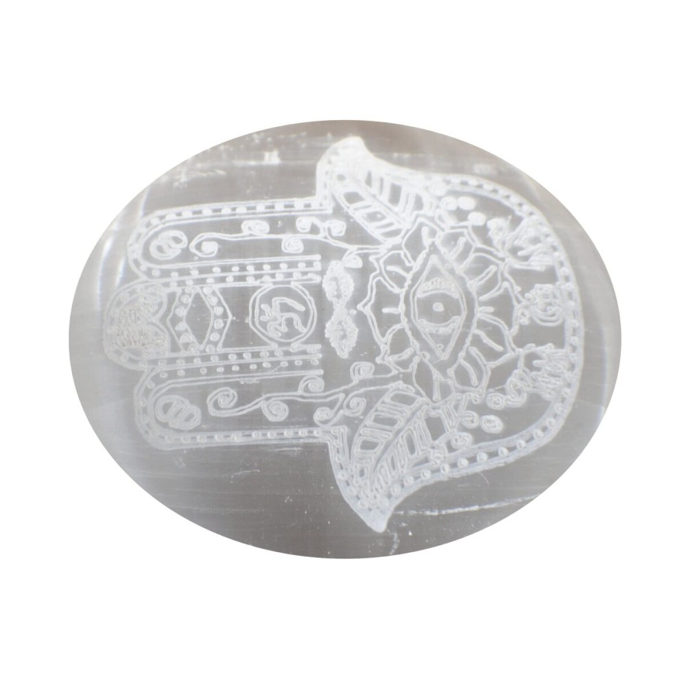 Amazing Gemstone Selenite Palm Stone - Hamsa Hand Engraved Hot Massage Worry Stone for Natural Body Chakra Balancing, Reiki Healing and Crystal Grid
