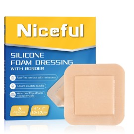 Niceful Silicone Foam Dressing 4x4, Waterproof Silicone Bandages with Border Adhesive, High Absorbency Bed Sore Bandages Wound Care Dressing (2.5X2.5 Pad), 5 Packs, FSA HSA Eligible
