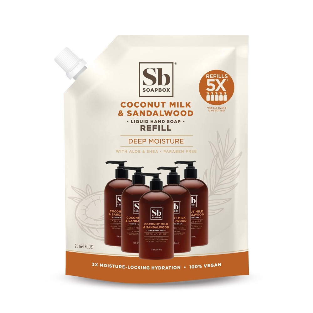 Soapbox Liquid Hand Soap Refill, Coconut Milk & Sandalwood, Vegan, Paraben Free, Moisturizing, Natural Hand Wash for Kitchen and Bathroom, 64oz Half Gallon Refill (Pack of 1)