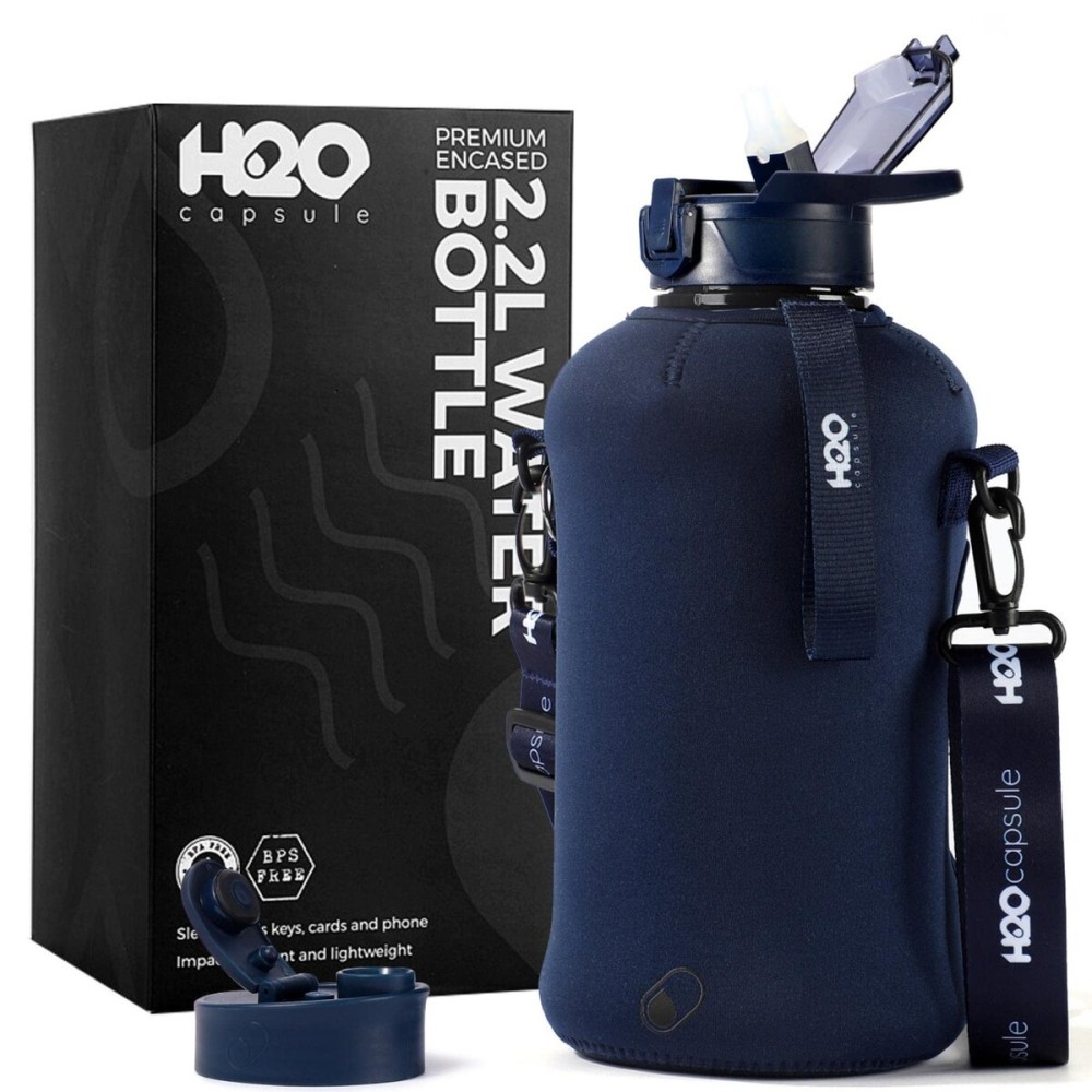 H2O Capsule 2.2L Half Gallon Water Bottle with Storage Sleeve and Covered Straw Lid - BPA Free Large Reusable Drink Container with Handle - Big Sports Jug, 2.2 Liter (74 Ounce) Navy Blue