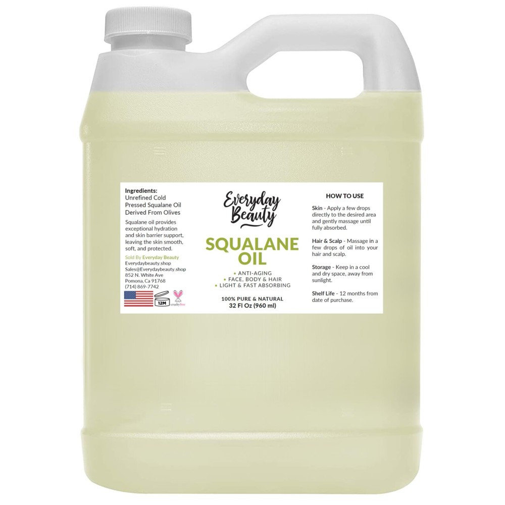 Squalane Oil Bulk- 32 oz 100% Pure & Natural Plant Derived Facial Oil - Cold Pressed and Unrefined Premium Grade Multipurpose Moisturizing Oil For Skin and Hair