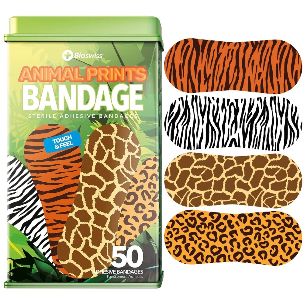 BioSwiss Bandages, Animal Print Shaped Self Adhesive Bandage Set, Latex Free Sterile Wound Care, 50 Count