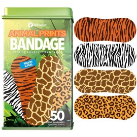 BioSwiss Bandages, Animal Print Shaped Self Adhesive Bandage Set, Latex Free Sterile Wound Care, 50 Count