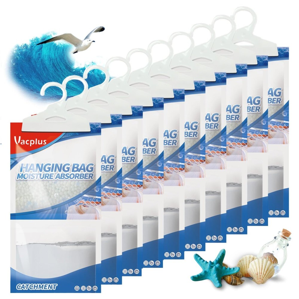 Vacplus Moisture Absorbers, Hanging Closet Dehumidifier Bags, Humidity Packs, Desiccant, Closet Dehumidifiers with Ocean Breeze Fragrance, 10 Pack, 9.8 OZ