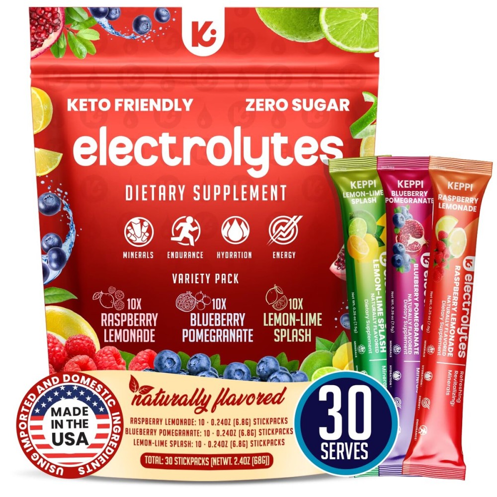 Keppi Electrolytes Powder Packets Assorted Flavors 30 Servings - No Sugar Hydration Supplement with Potassium, Magnesium, Sodium - Keto, Vegan, Fasting-Friendly, Zero Calorie Hydration Packets