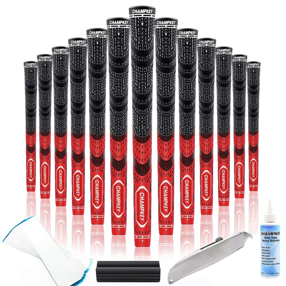 CHAMPKEY Premium Hybrid Golf Grips 13 Pack with All Repair Kits - All Weather Performance Golf Club Grips - High Traction and Control Half Corded Golf Grips for Men(Red,Standard)