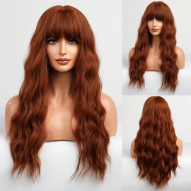 HAIRCUBE Orange Wig with Bangs Long Copper Red Curly Wigs for Women Long Auburn Wig Heat Resistant Natural Synthetic Wig for Daily Use